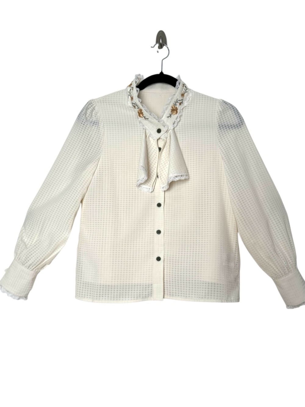 Vintage Prairiecore Gingham Poet Cascade Collar Blouse Romantic Feminine Cream